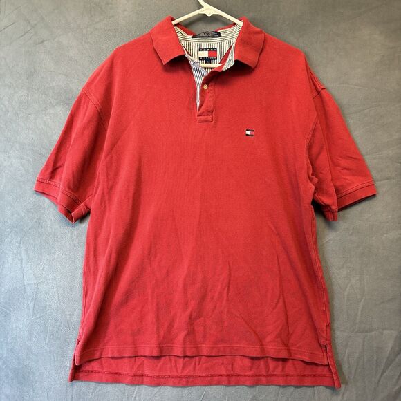 Vtg 90s Tommy Hilfiger Polo Shirt Men XL Burgundy Solid Flag Logo Hip Hop Street - Picture 1 of 10